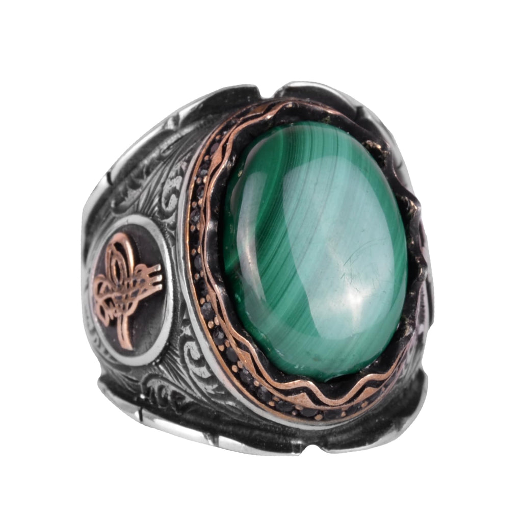 925 Sterling Silver Men's Ring, Natural Malachite Stone Ring, Ottoman Tugra Silver Ring
