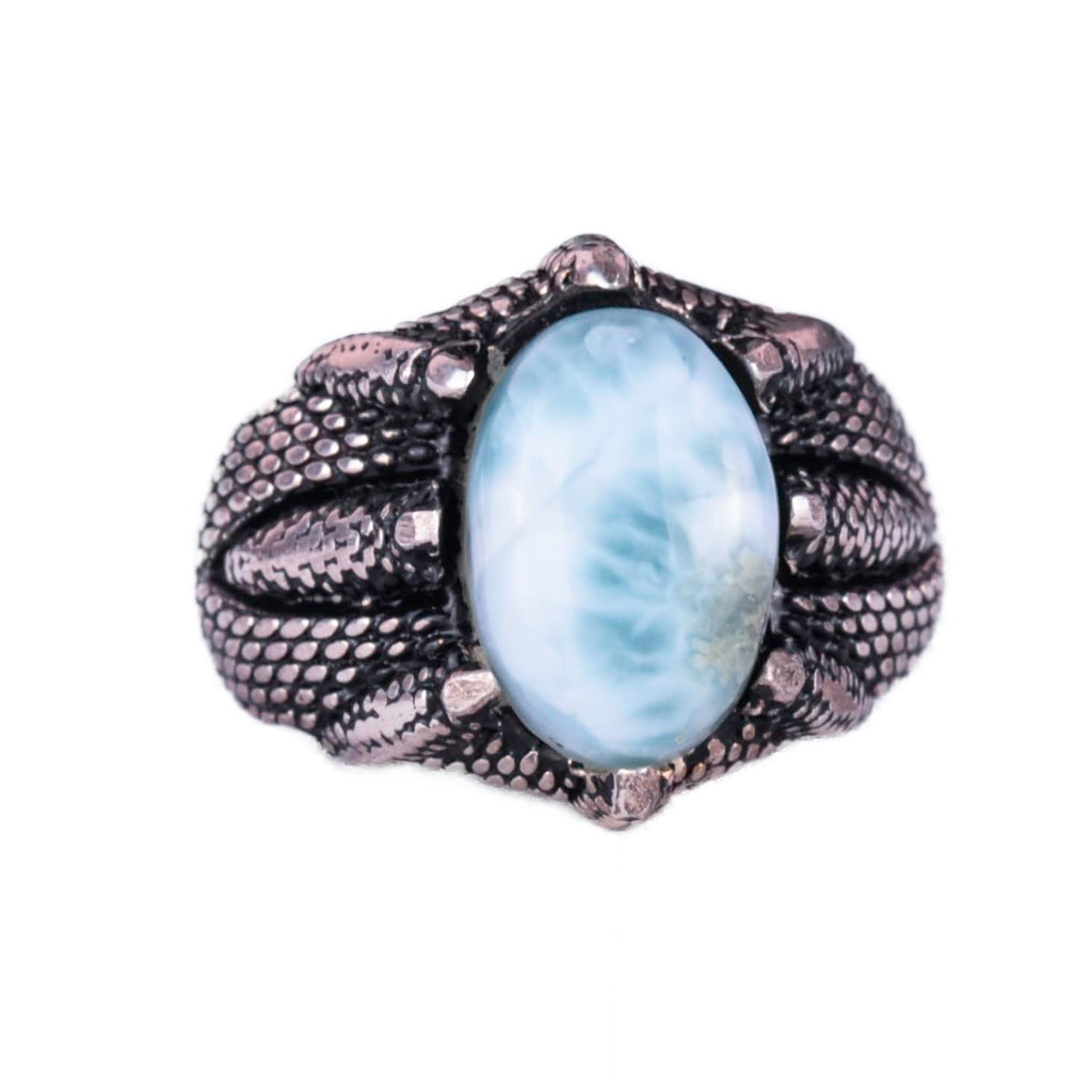 925 Sterling Silver Men's Ring, Natural Stone, Handmade Vintage Design Claw Ring (Larimar)