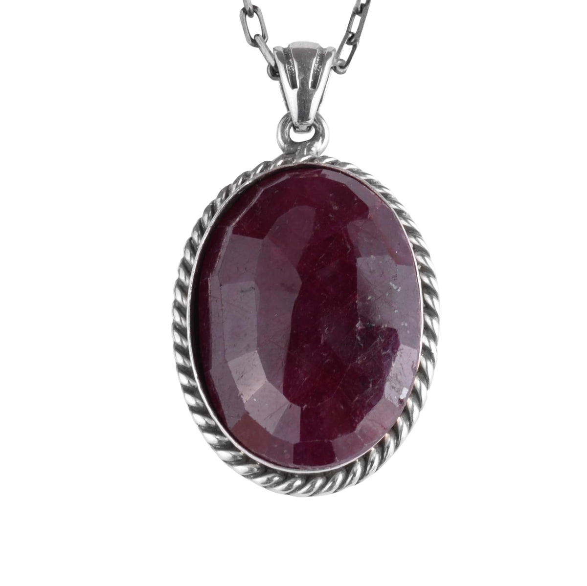 KAMBO Natural Stone Chain Unisex Necklace 925 Sterling Silver – Handmade Oval Description Necklace (Ruby)
