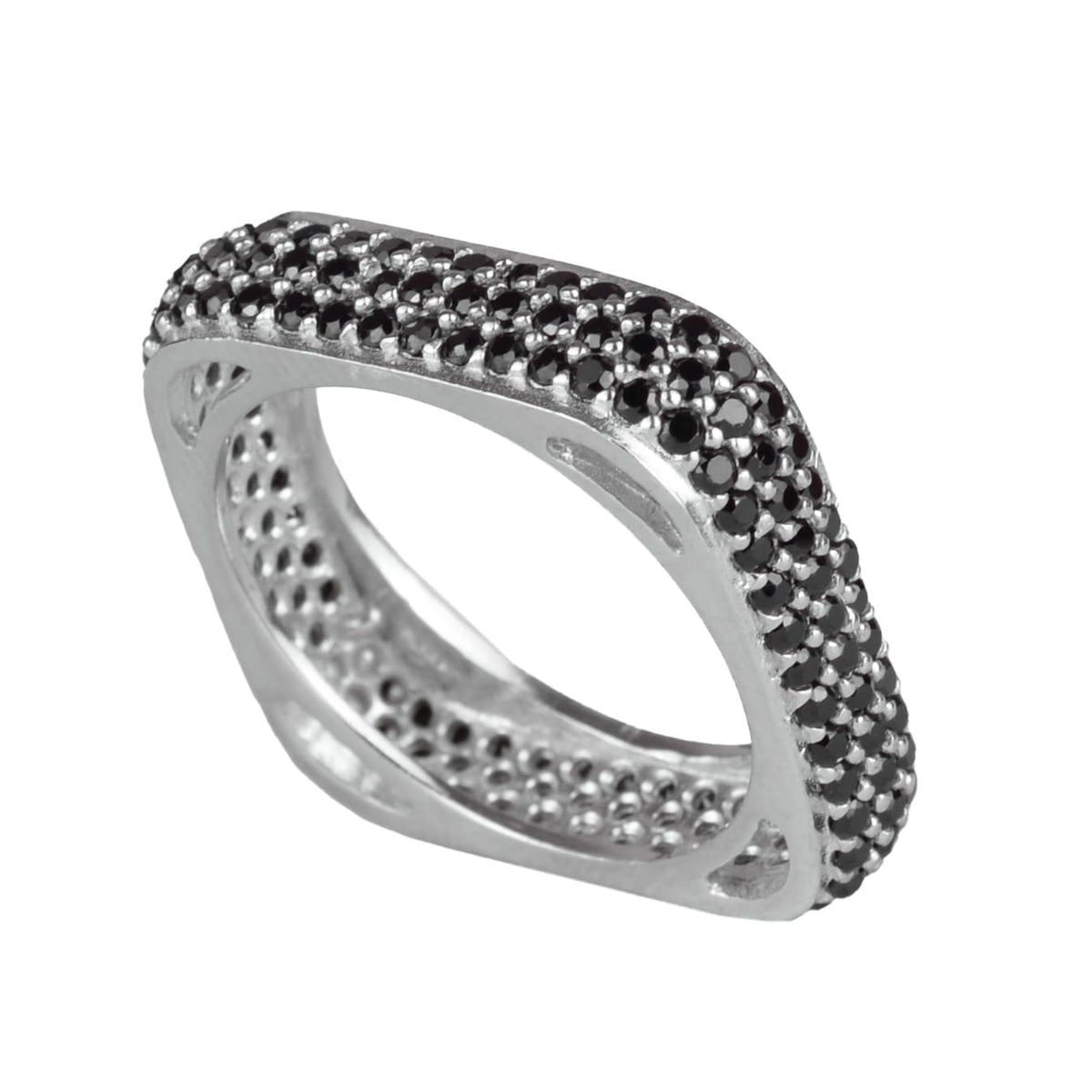 925 Sterling Silver Women's Square Infinity Band – Black Zircon Stone Geometric Ring – Modern Bold Statement Jewelry