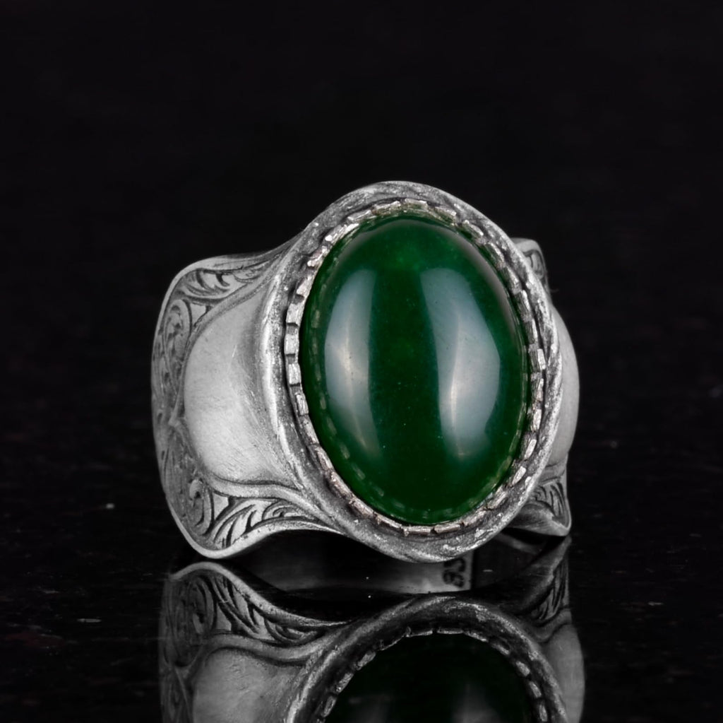 Natural Stone Ring, 925 Sterling Silver Ring (Jade) — 5