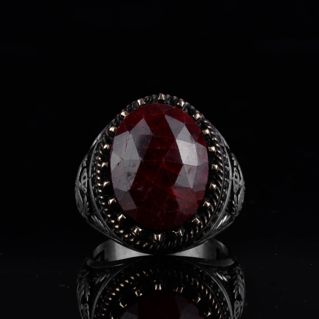 KAMBO Natural Sapphire 925 Sterling Silver Eagle Designed Men's Ring – Handmade Ottoman Style Statement Ring (Red Sapphire) — 4