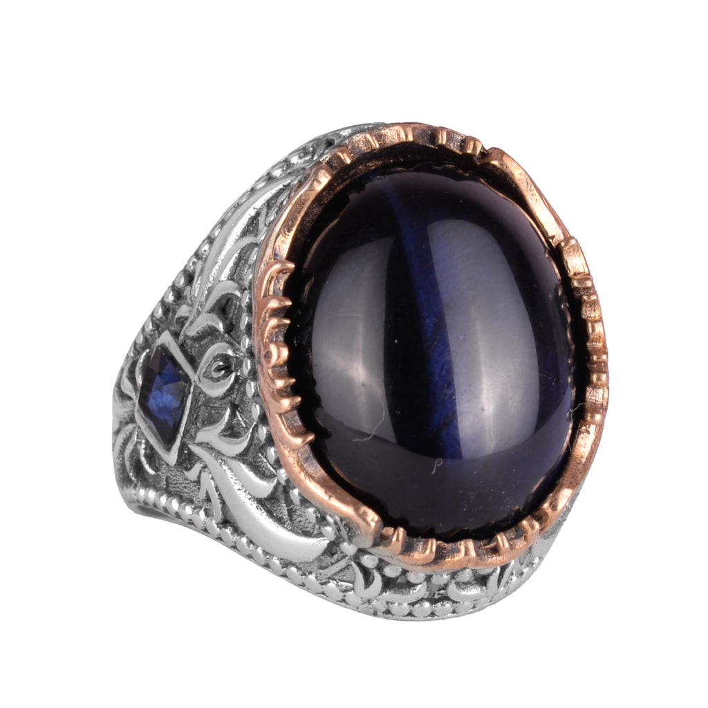 Synthetic Stone Ring - Handmade Men's Ring - Elegant 925 Sterling Silver Men's Ring (Synthetic Blue Cat's Eye)