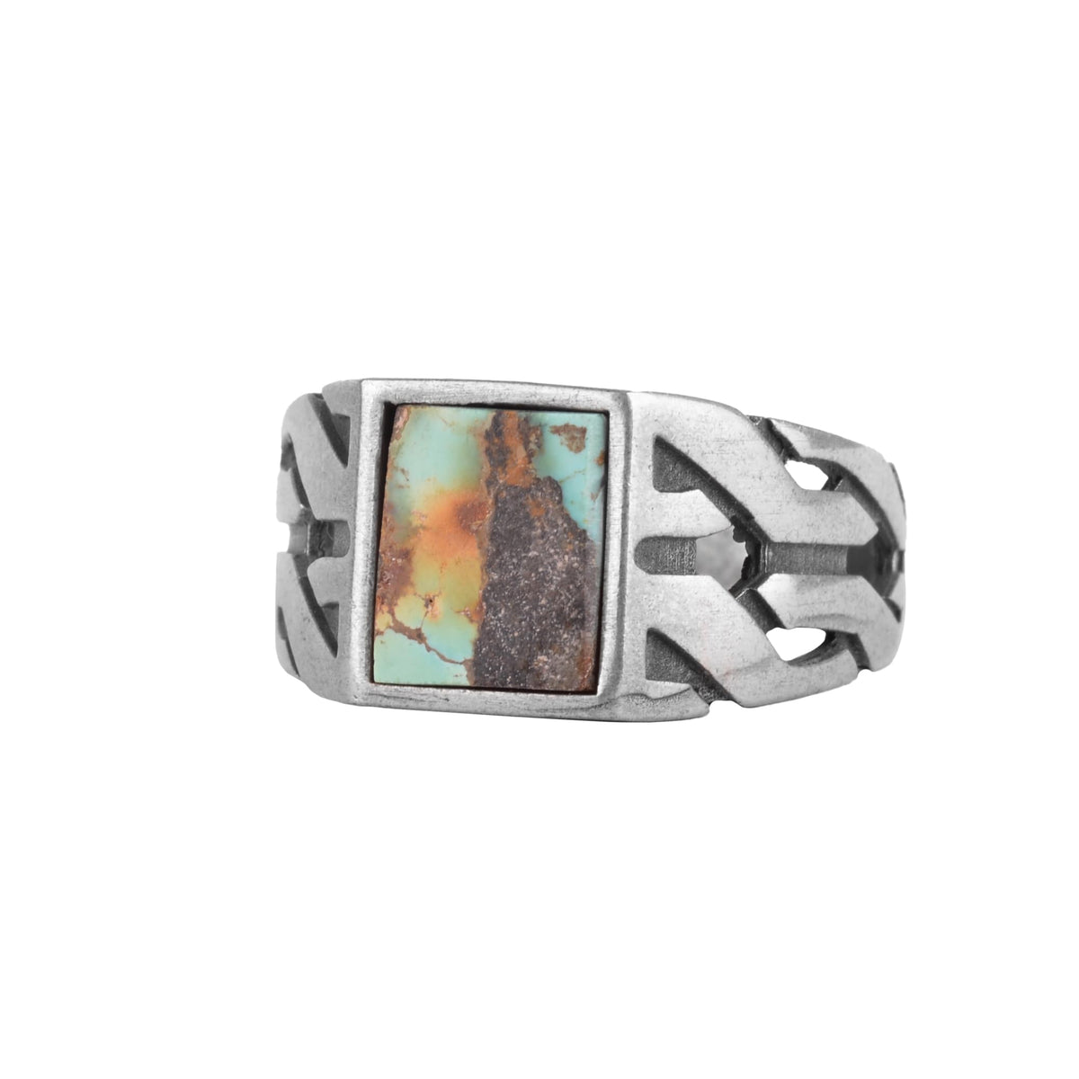 KAMBO Natural Square Turquoise Stone 925 Sterling Silver Men's Ring – Handmade Silver Jewelry with Geometric Side Design (Turquoise-2)