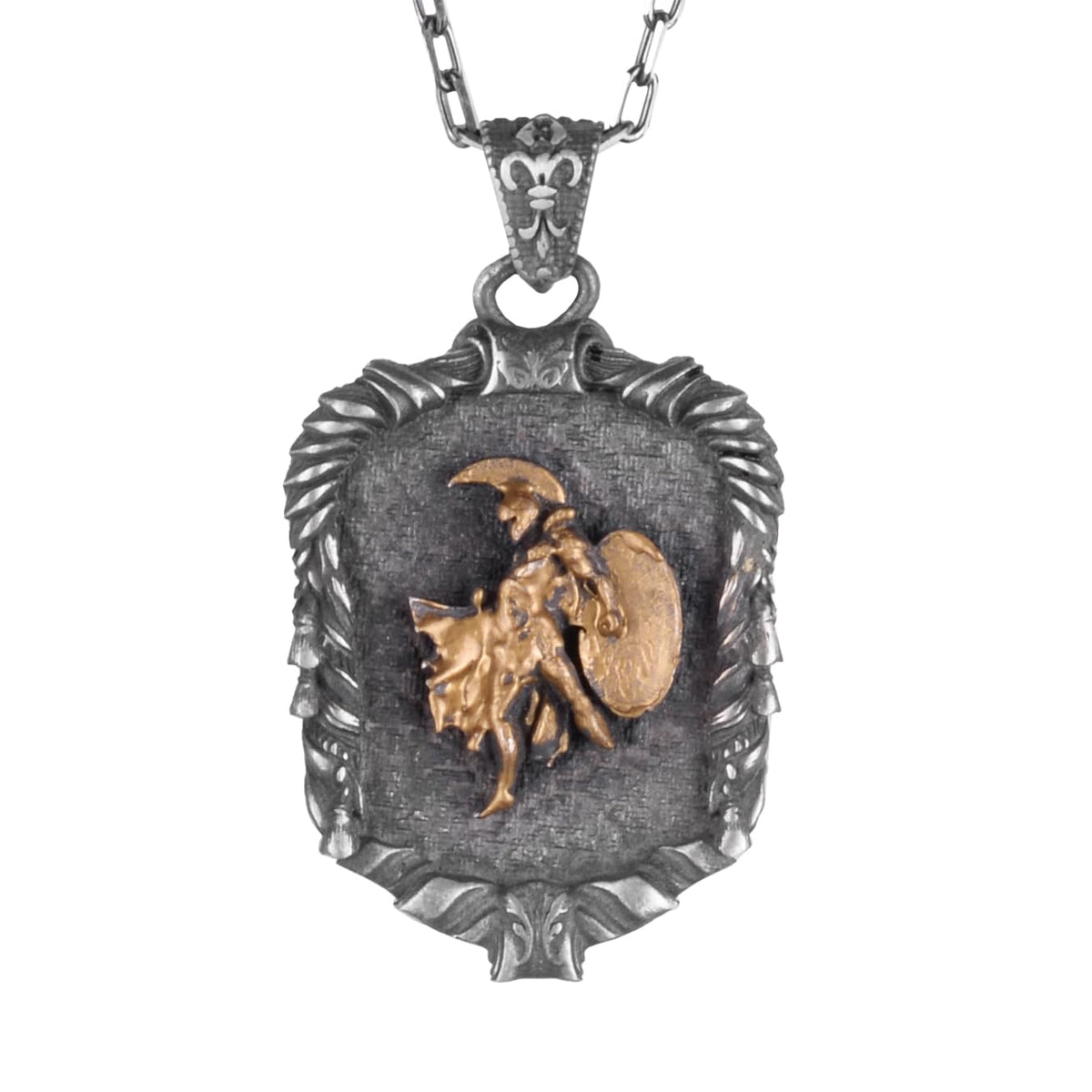 KAMBO 925 Sterling Silver Gold Plated Spartan Warrior Necklace with Chain – Medieval Shield Necklace – Two Tone Oxidized Men's Statement Jewelry
