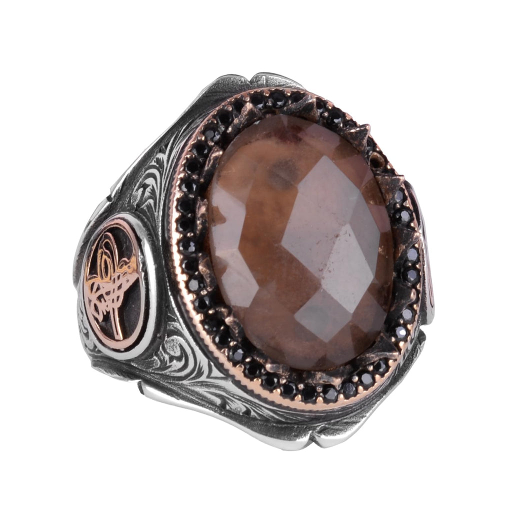 925 Sterling Silver Men's Ring - Natural Smoky Quartz Stone