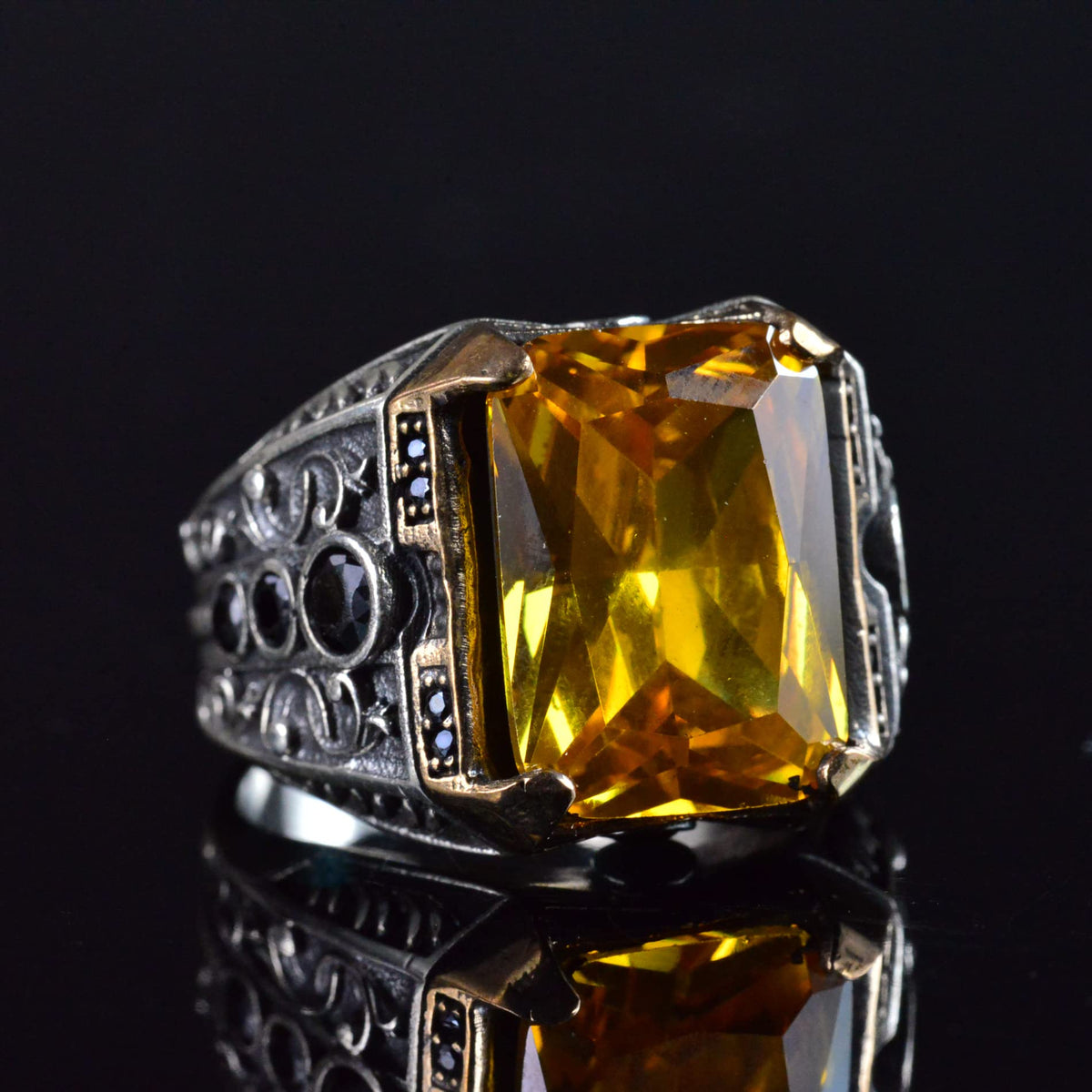 925 Sterling Silver Men's Ring with Natural Citrine Stone, Men's Ring with Citrine Stone, Handcrafted Carved Men's Silver Ring, Turkish Silver — 5