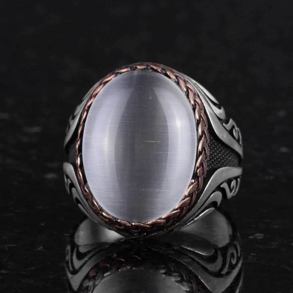925 Sterling Silver Ring - Silver Ring with Synthetic Stone - Handmade Ring (White Cat's Eye) — 6