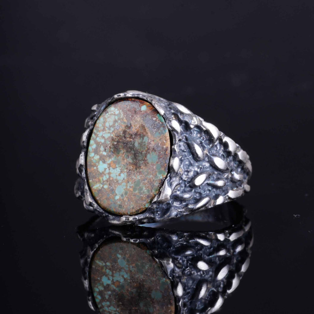 KAMBO Men's Natural Turquoise Stone Ring – 925 Sterling Silver Handmade Sturdy Texture Ring – Unique Artisan Design — 5