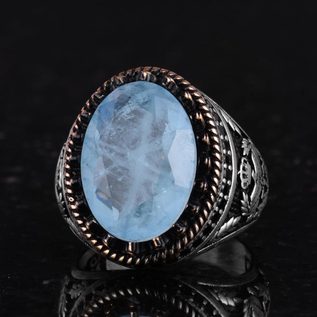 925 Sterling Silver Ring, Synthetic Stone Ring, Eagle Symbol Ring, Handcrafted Ring (Synthetic Light Blue Paraiba) — 5