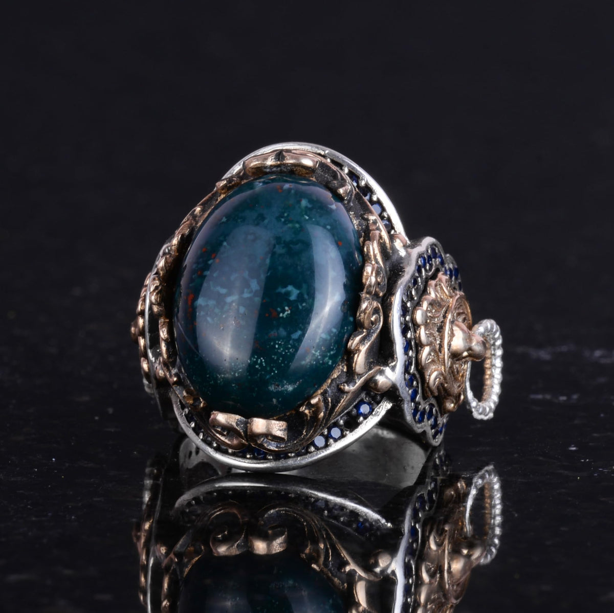 Lion Head Ring, Green Blood Stone Ring - 925 Sterling Silver — 5