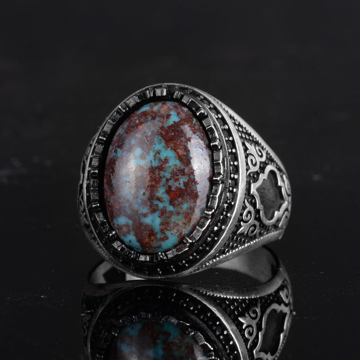 KAMBO Natural Turquoise Stone 925 Sterling Silver Men's Ring - Seljuk Figure Pattern Vintage Statement Jewelry (Style-2) — 6