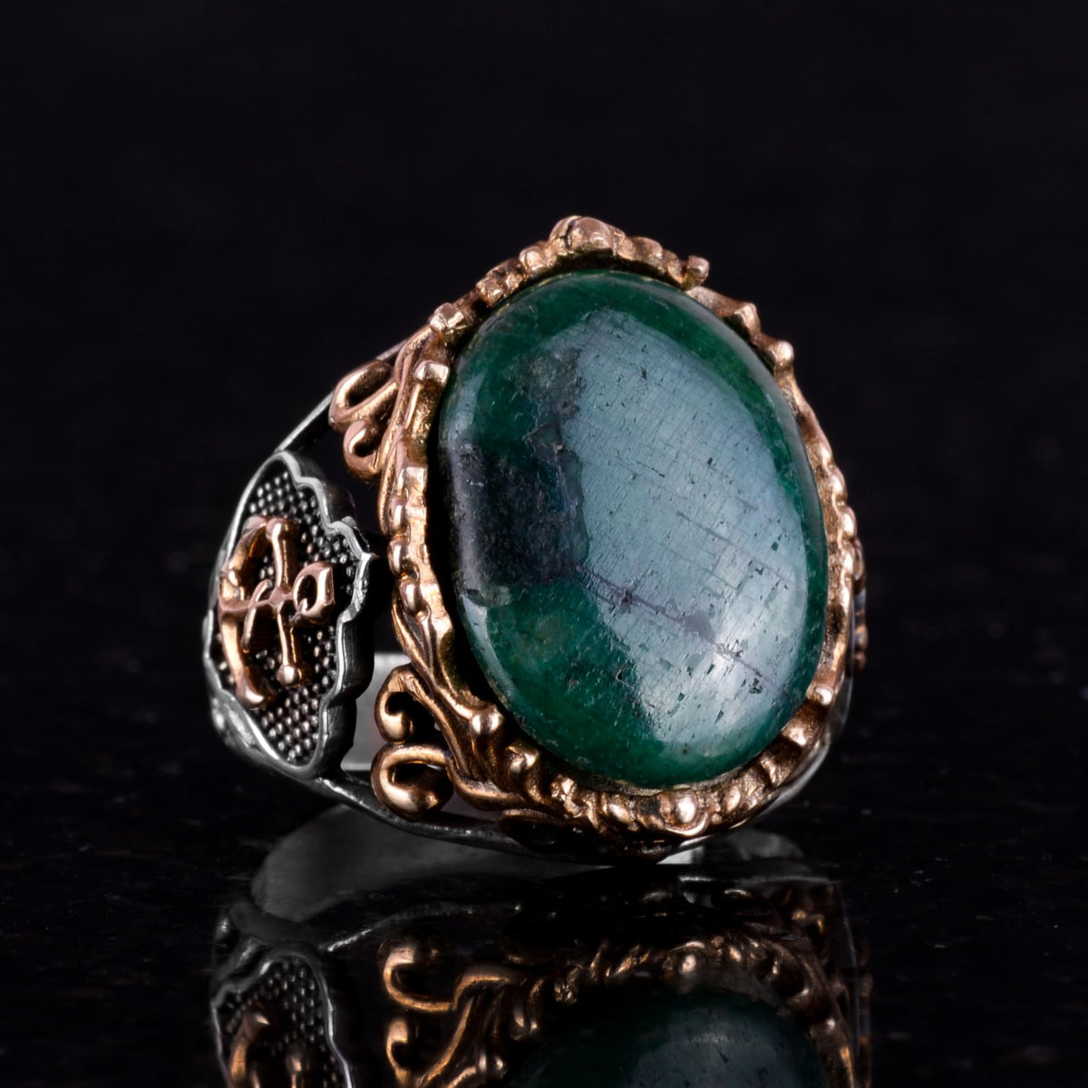 Sailor's Key Silver Ring, Natural Stone Ring, 925 Sterling Silver Ring, Cabochon Emerald — 5