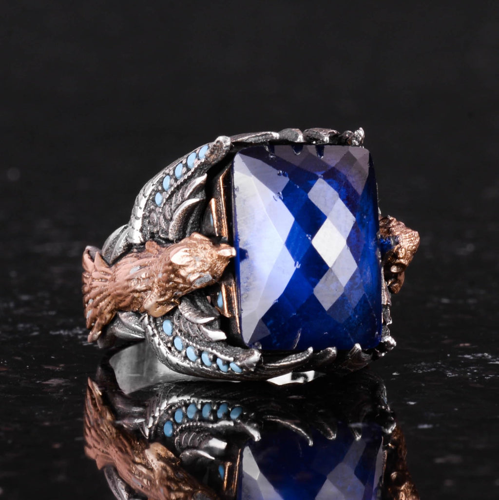 Kambo Synthetic Sapphire Stone Eagle Symbol Handcrafted 925 Sterling Silver Ring — 5