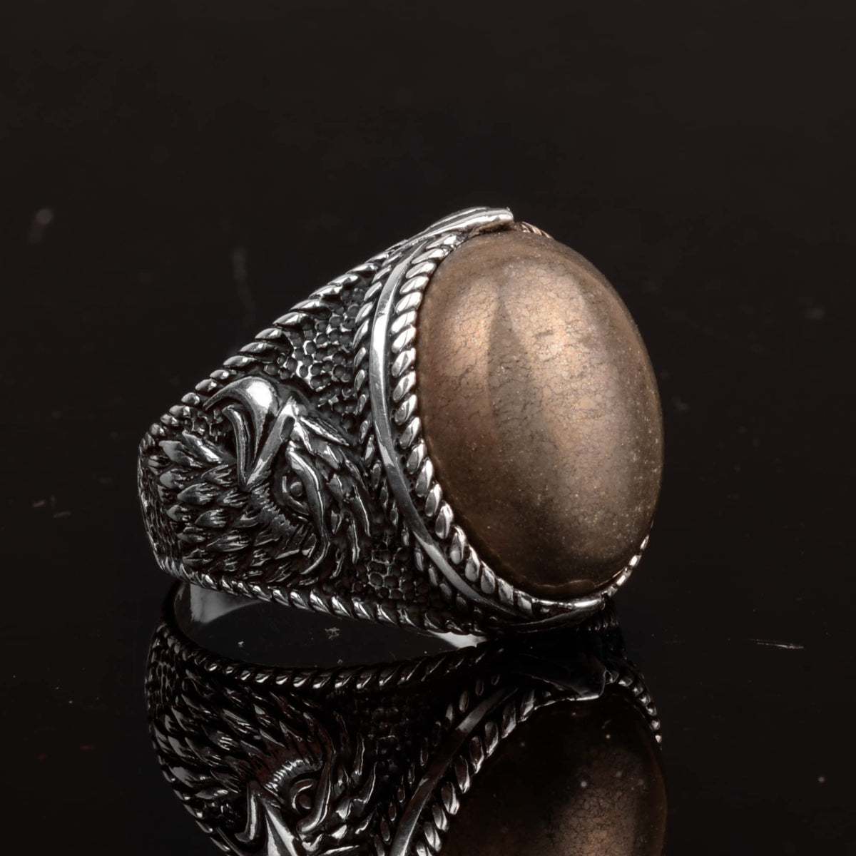 Natural Pyrite Stone Ring, 925 Sterling Silver Men's Ring — 3