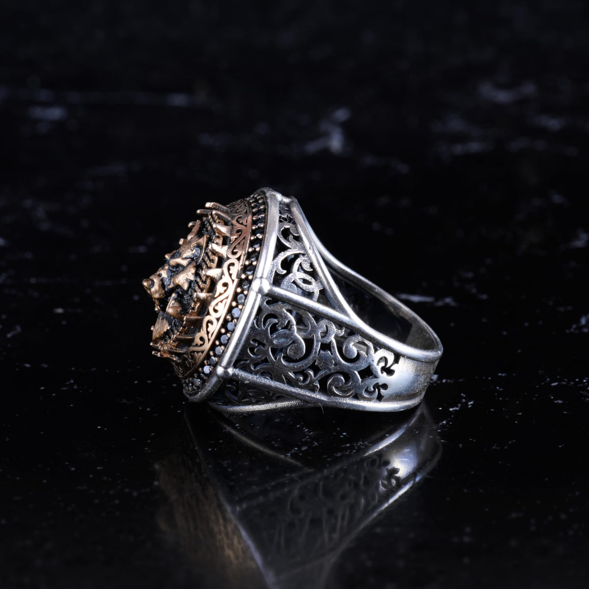 KAMBO Symbol Ring for Men 925 Sterling Silver Round Ring with Bronze Detail Handmade Ottoman Style Statement Jewelry (Wolf Skull) — 7