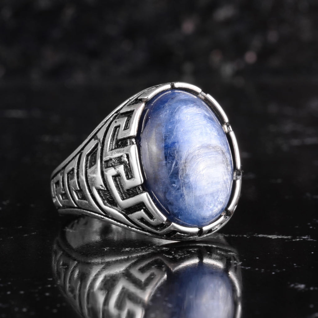 KAMBO Natural Kyanite Stone Men's Ring 925 Sterling Silver – Oval Cabochon Handmade Vintage Statement Ring — 6