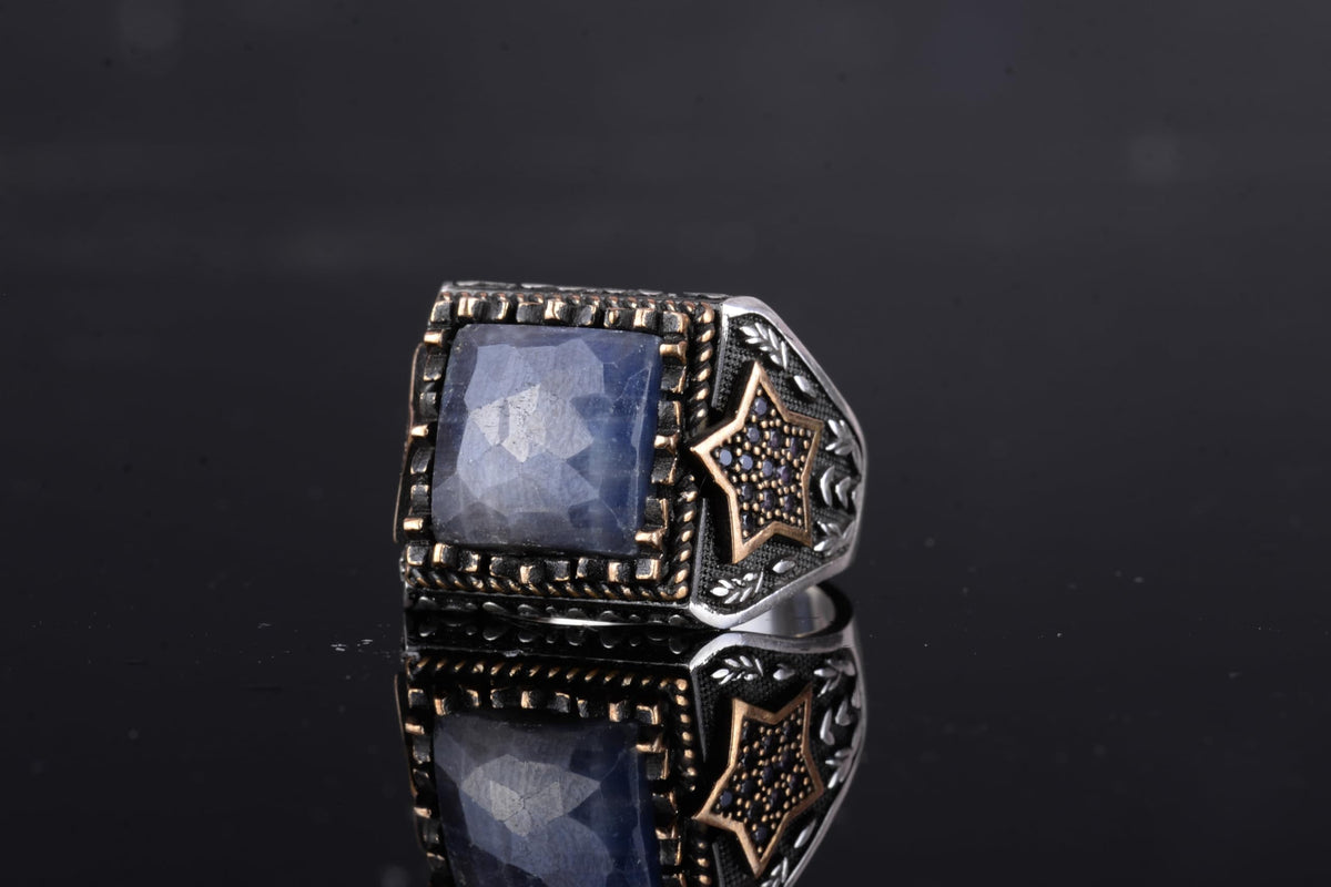 KAMBO Natural Stone Men's Ring – Star Motif Designed 925 Sterling Silver Square Cut Ring (Blue Sapphire) — 5