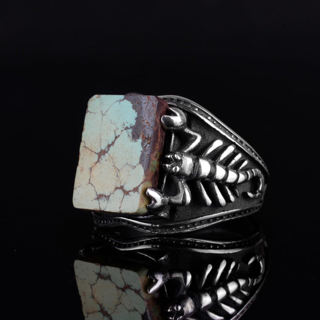 KAMBO Natural Turquoise Stone Men's Ring – 925 Sterling Silver Scorpion Design Statement Ring (Style-2) — 6
