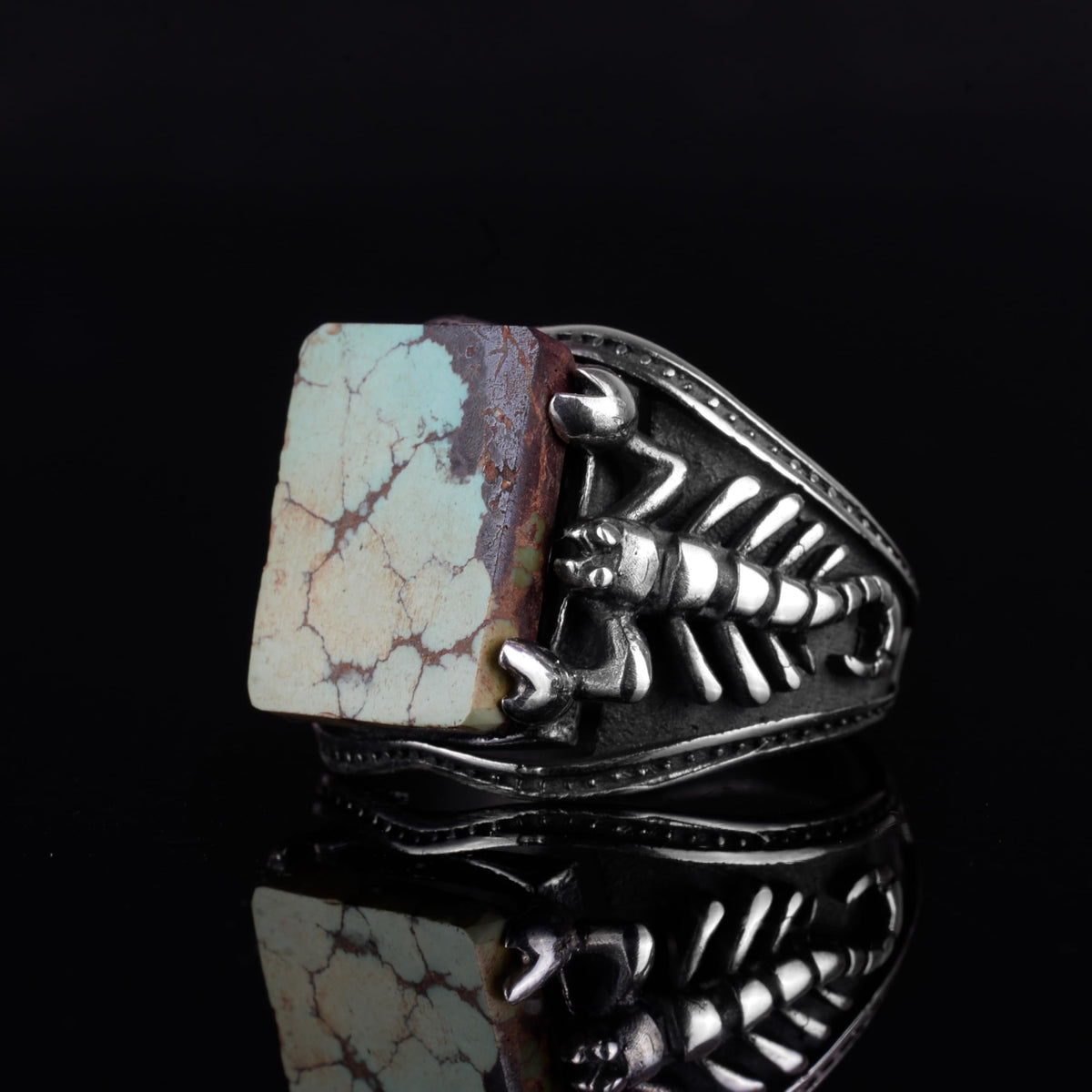 KAMBO Natural Turquoise Stone Men's Ring – 925 Sterling Silver Scorpion Design Statement Ring (Style-2) — 6