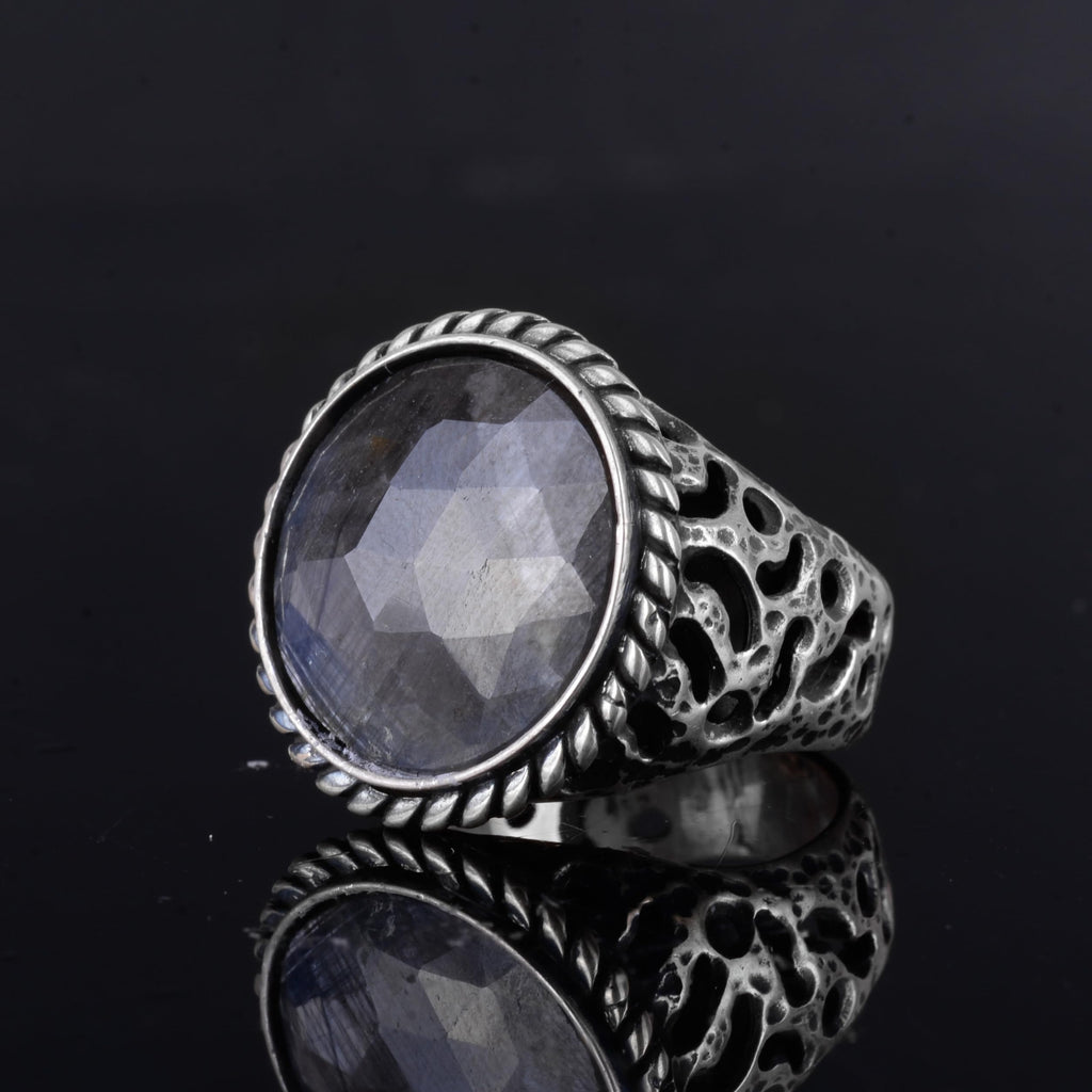 KAMBO Men's Blue Sapphire Stone Ring – Round Cut Blue Sapphire 925 Sterling Silver Ring – Handmade Oxidized Silver Statement Ring — 5