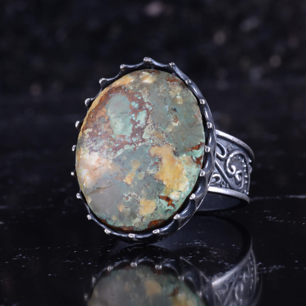 KAMBO Natural Arizona Turquoise Stone Large Men's Ring 925 Sterling Silver Crown Frame Oval Cabochon Ottoman Pattern Handmade Statement Ring (Turquoise-4) — 5