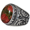 KAMBO Handmade 925 Sterling Silver Men’s Unakite Ring with Floral Art Deco Detailing – Vintage Statement Birthday Gift f