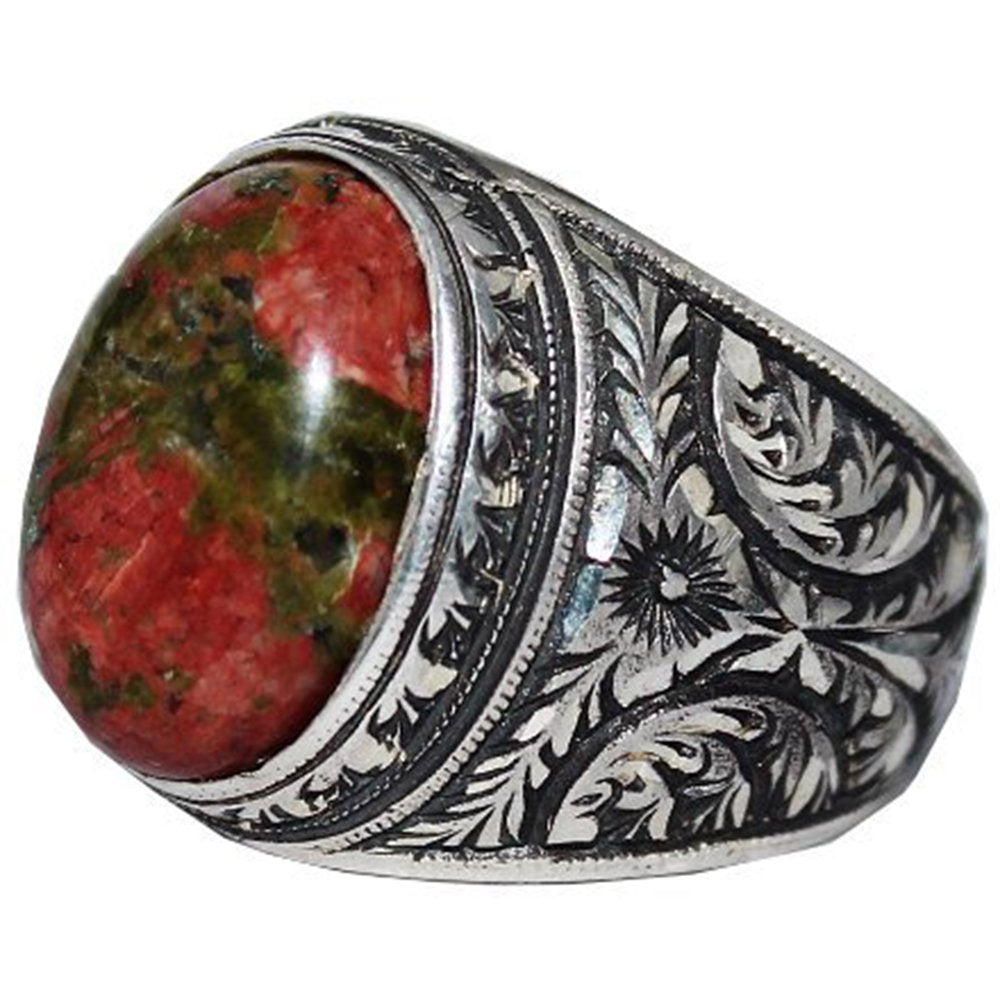 KAMBO Handmade 925 Sterling Silver Men’s Unakite Ring with Floral Art Deco Detailing – Vintage Statement Birthday Gift f