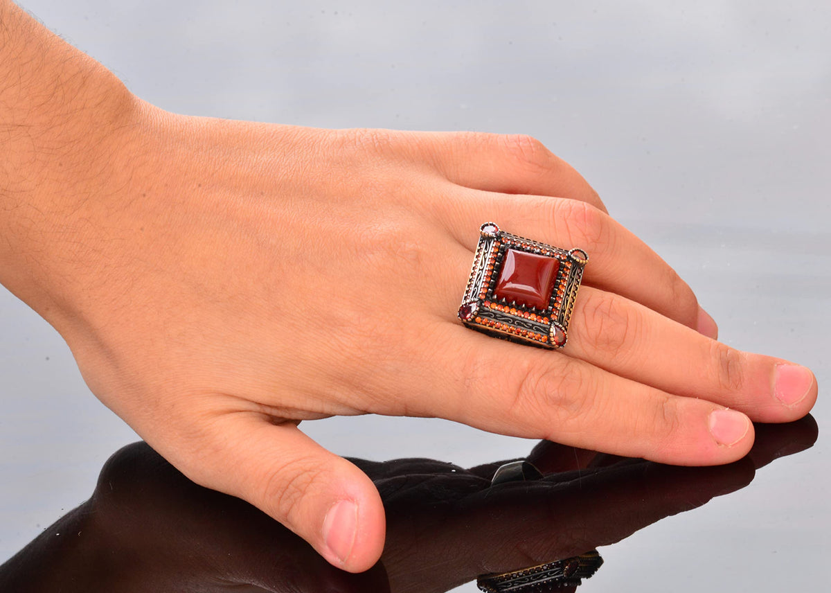 Natural Red Agate Stone Ring - Silver Men's Sultan Ring — 8