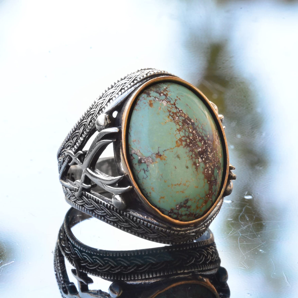 Natural Stone Men's Ring - Sword Ring - 925 Sterling Silver (Turquoise) — 4