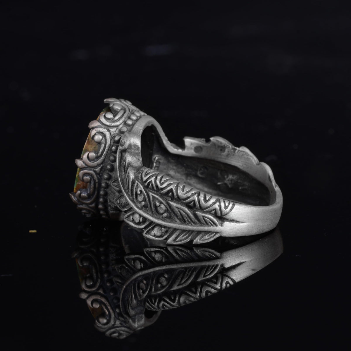 KAMBO Antique Design Green Turquoise Stone Ring - Handmade 925 Sterling Silver Men's Statement Ring (Style-2) — 7