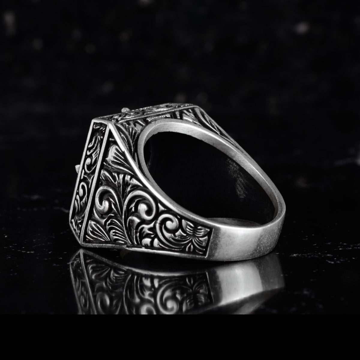 KAMBO Natural Round Stone Square Men's Ring 925 Sterling Silver – Ottoman Pattern Handmade Stone Ring (Ocean Pearl) — 7