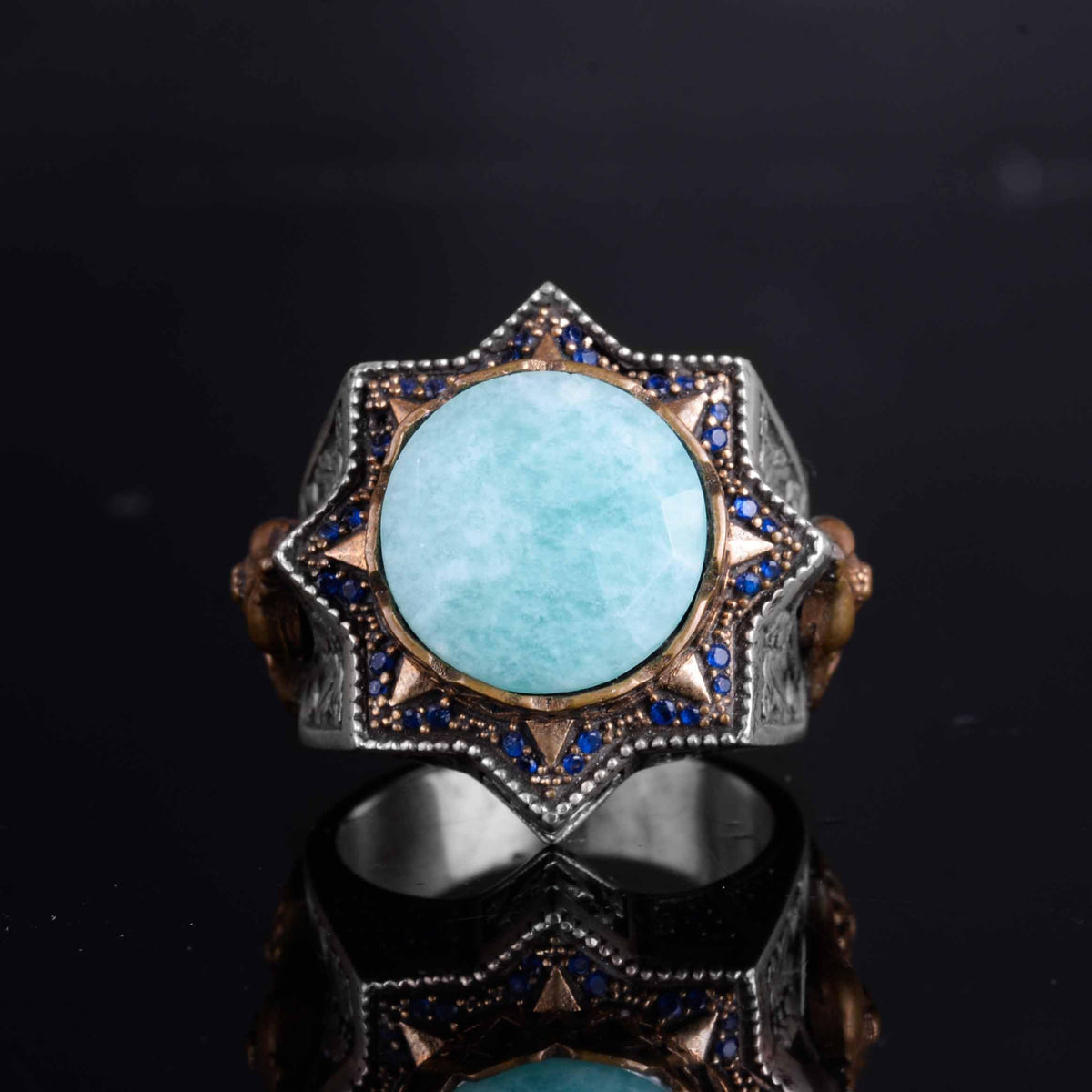 KAMBO 925 Sterling Silver Men's Natural Stone Ring – Warrior Helmet Motif Handmade Star Frame – Protective Spiritual Jewelry (Amazonite) — 4