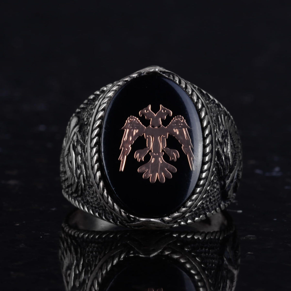 Men's Double-Headed Eagle Ring - Eagle Symbol Jewelry - 925 Sterling Silver Handcrafted Men's Ring (Black) — 4