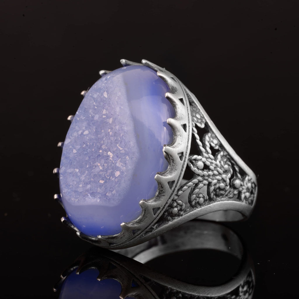 Silver Men's Ring Drusy Quartz Natural Stone — 5