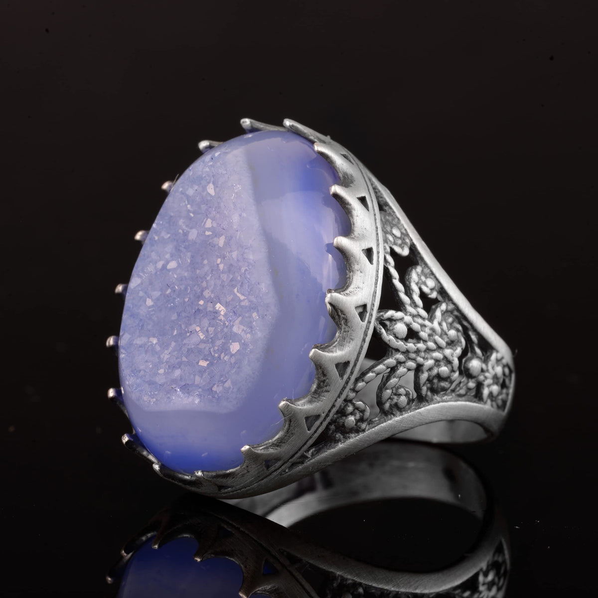 Silver Men's Ring Drusy Quartz Natural Stone — 5