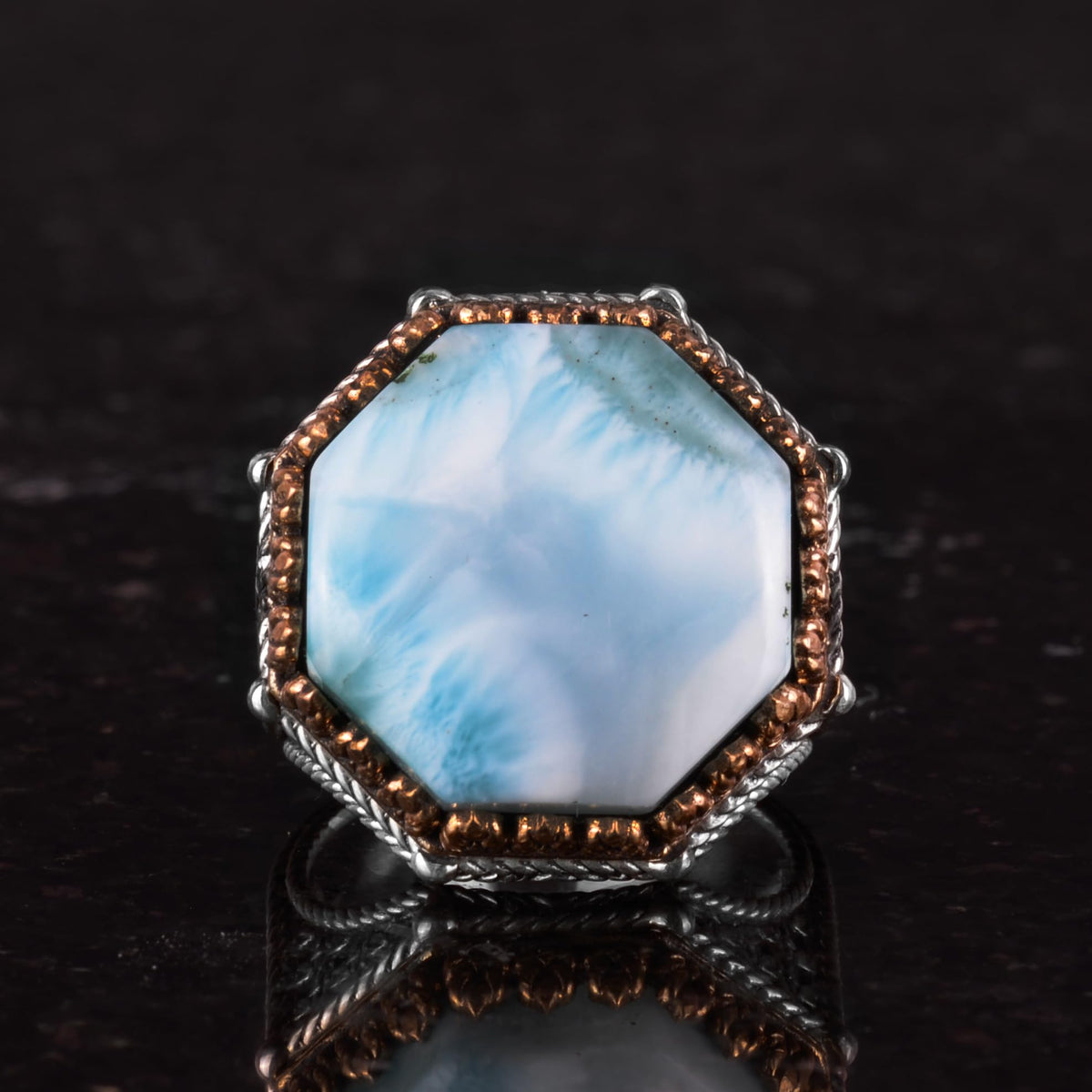 Natural Larimar Stone Octagonal Ring - Handmade 925 Sterling Silver Jewelry — 4