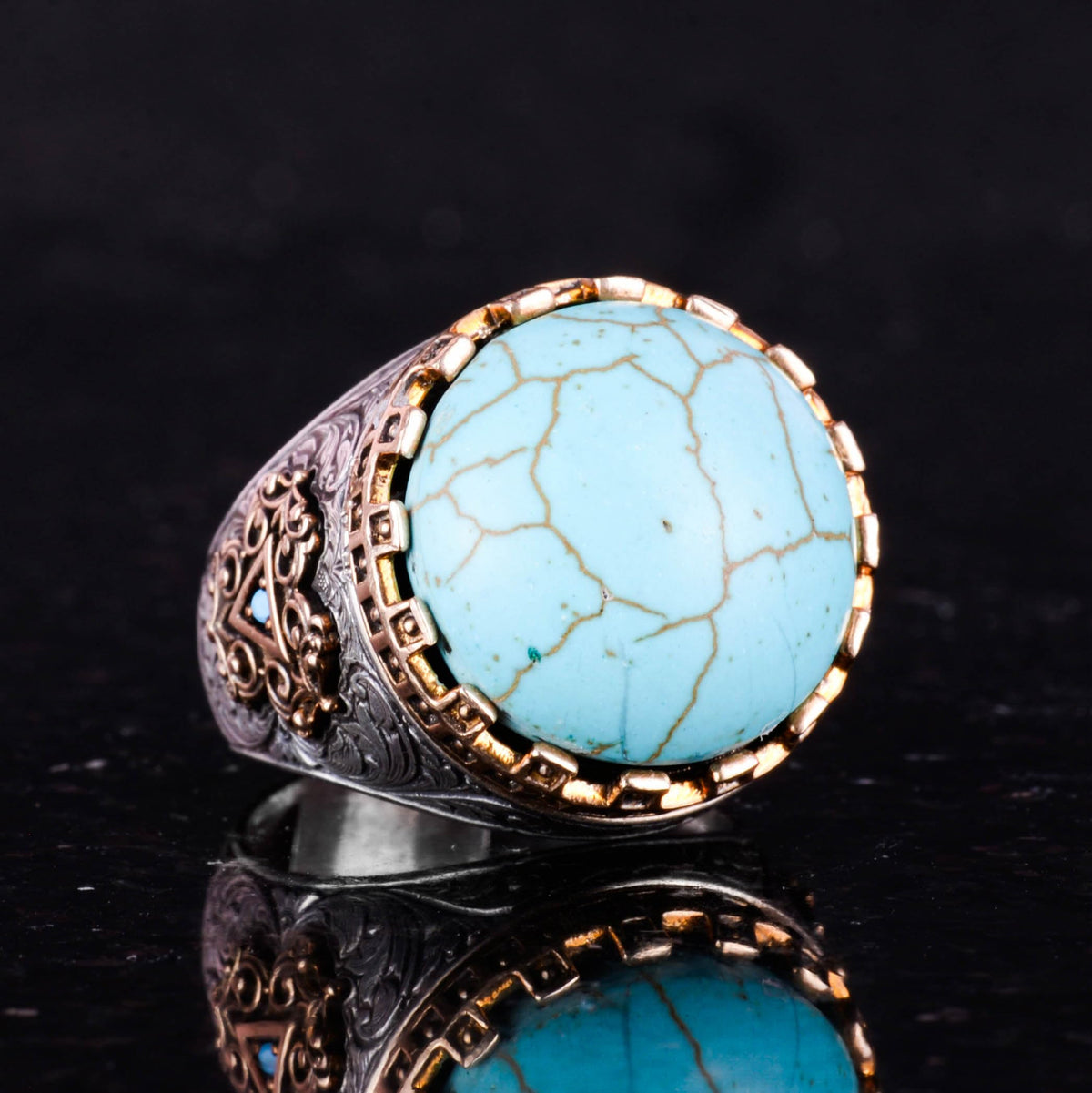925 Sterling Silver Ring - King Ring - Synthetic Stone Ring - Handmade Ring (Synthetic Turquoise) — 5
