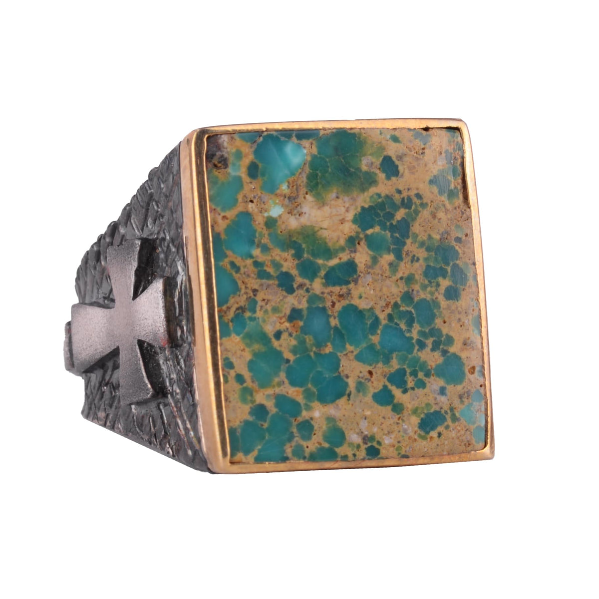 Kambo Cross Embossed Silver Men's Ring with Arizona Turquoise Gemstone