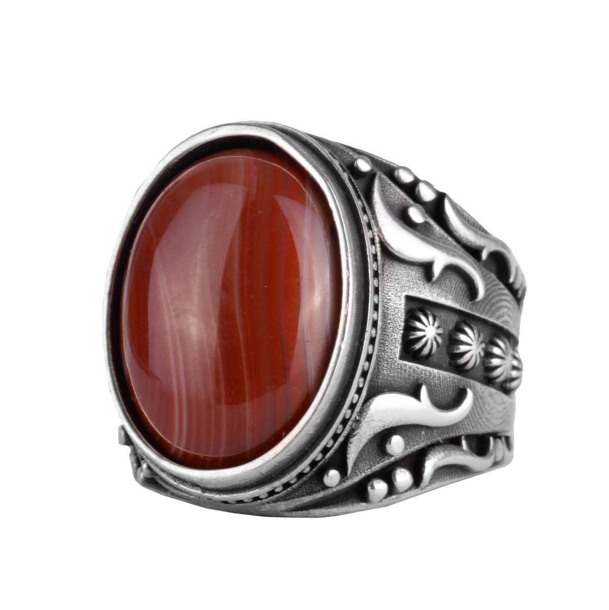 KAMBO Men's Natural Agate Ring – 925 Sterling Silver Flower Pattern Ring – Men's Handmade Vintage Style Statement Ring (Agate-4)