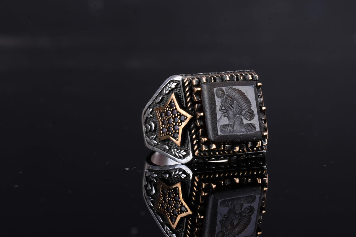 KAMBO Natural Agate Stone Men's Ring – 925 Sterling Silver Star Side Designed Square Motif Ring (Warrior) — 6