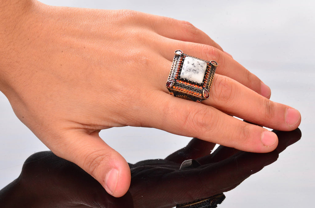 Natural Dendrite Agate Stone Ring - Silver Men's Sultan Ring — 6