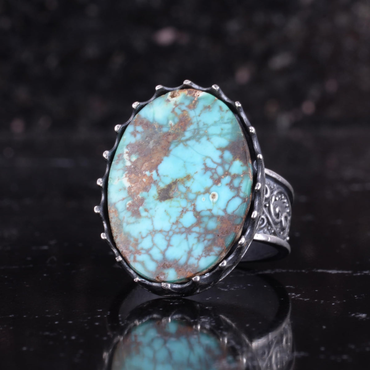 KAMBO Natural Arizona Turquoise Stone Large Ring Men's 925 Sterling Silver Crown Frame Oval Cabochon Ottoman Pattern Handmade Statement Ring (Turquoise) — 5