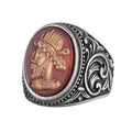 KAMBO Natural Agate Ottoman Sultan Cameo Men's Ring 925 Sterling Silver Vintage Red Stone Hand-Carved Shape Statement Ring