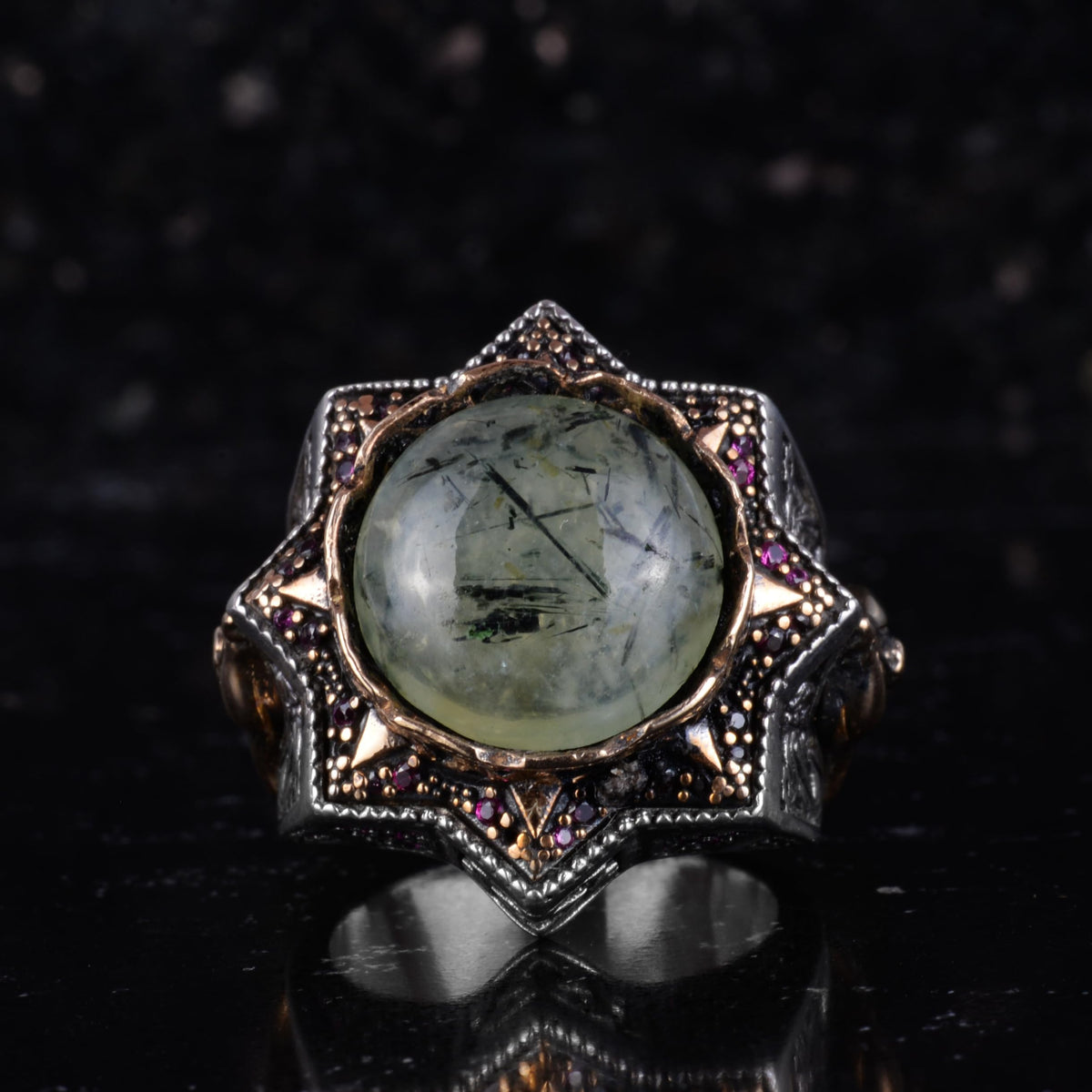 KAMBO Prehnite Stone Men's Ring – 925 Sterling Silver Handmade Star Shaped Design Large Statement Ring — 4
