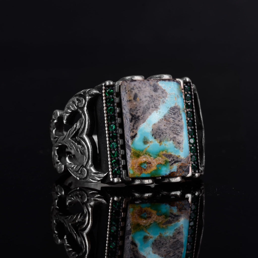 KAMBO Natural Arizona Turquoise 925 Sterling Silver Men's Ring – Rectangular Stone Ottoman Style Engraved Design (Style-3) — 6