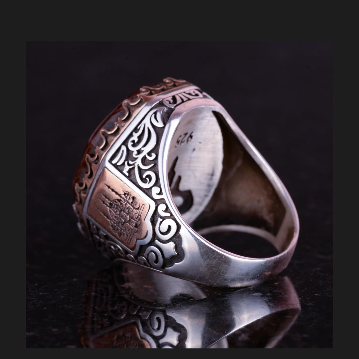 925 Sterling Silver Men's Ring - Amber Stone Islamic Design — 6