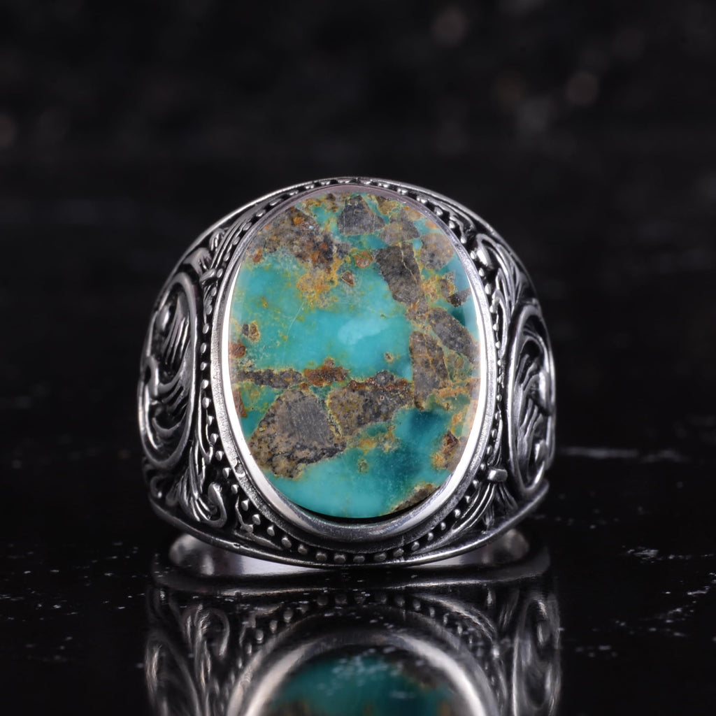 KAMBO Natural Turquoise Stone Men's Ring 925 Sterling Silver Oval Cabochon Ottoman Sliding Pattern Handmade Vintage Style Ring (Turquoise-3) — 4