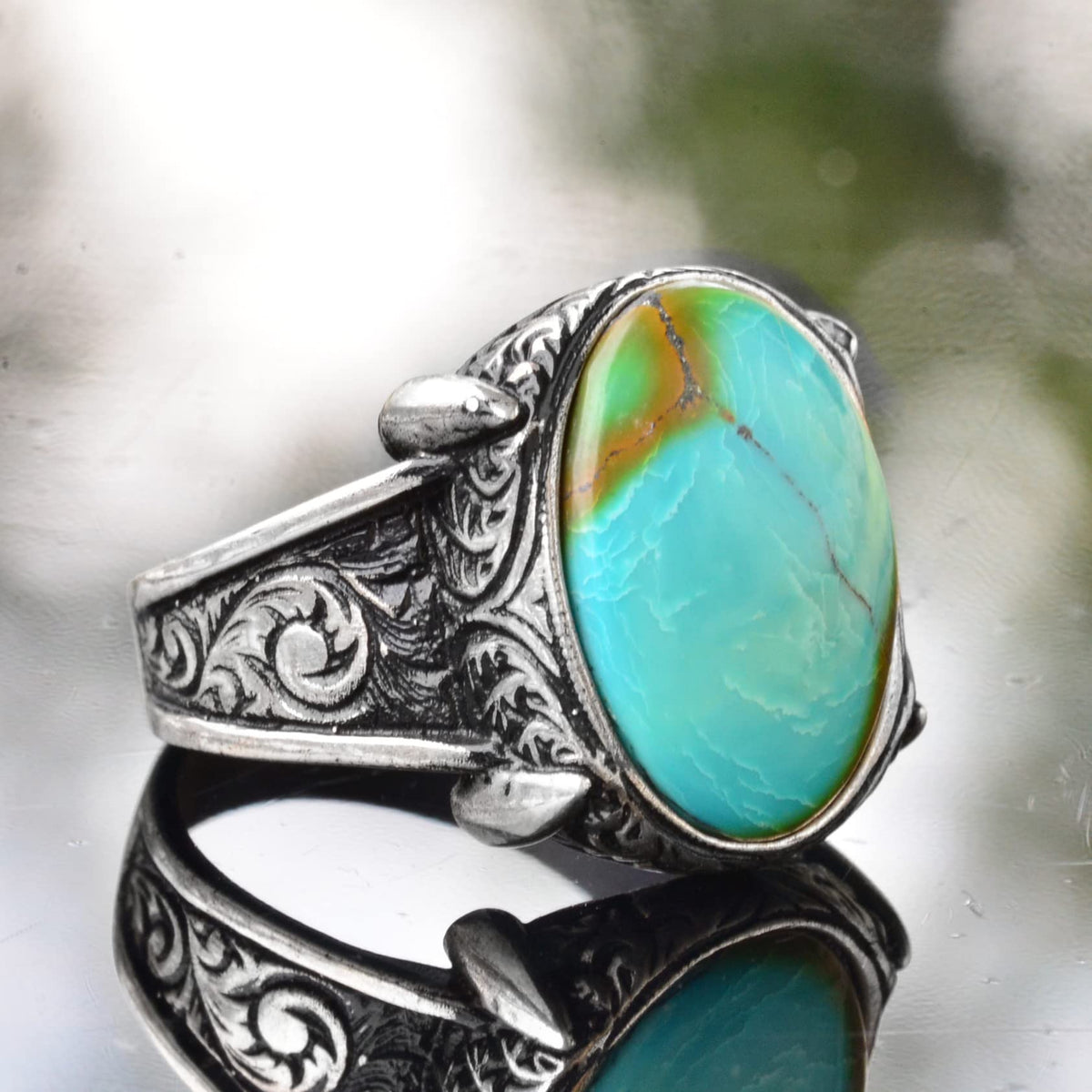KAMBO Men's Handmade Natural Turquoise Ring in 925 Sterling Silver, Classic Vintage Style-1 Statement Jewelry, Healing C
