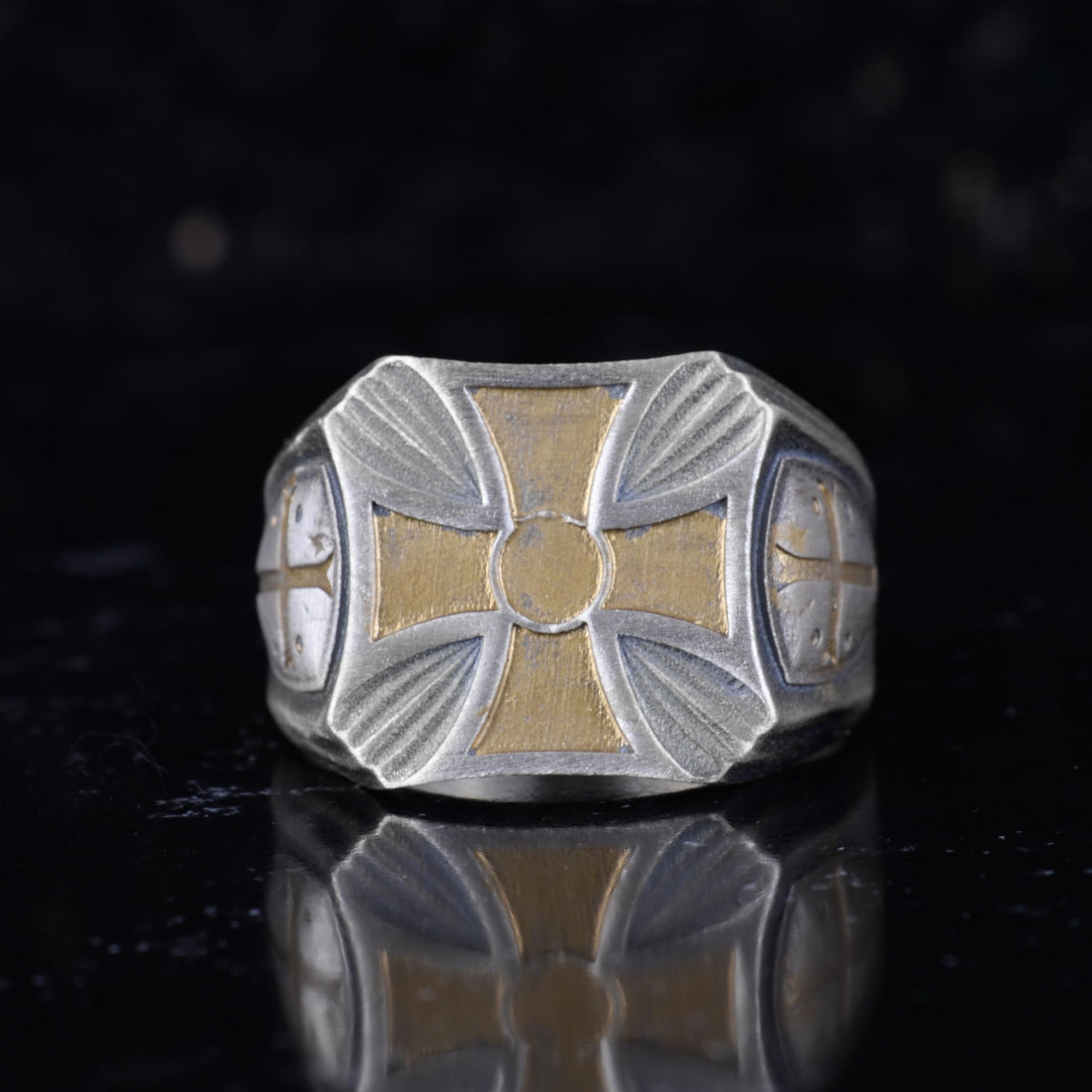 KAMBO 925 Sterling Silver Cross Designed Men's Ring – Handmade Vintage Style Religious Ring (Gold Plated) — 4